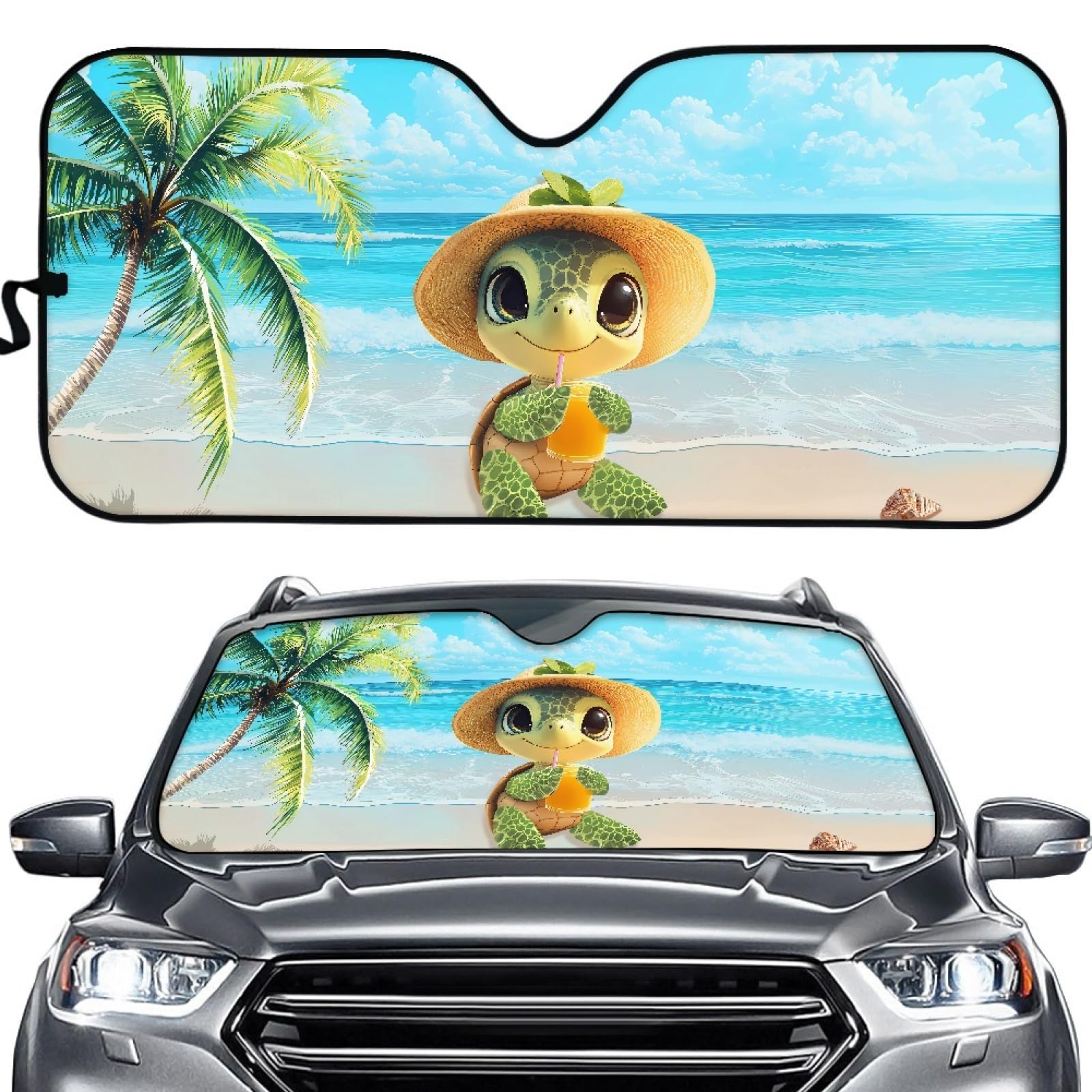 Hixingo Auto Frontscheibe, Sonnenschutz für Windschutzscheibe, UV-Schutz Frontscheibenabdeckung, Tier Strand Drucken Faltbares Design Auto Sonnenschutz, für meisten Autos (Schildkröte) von Hixingo