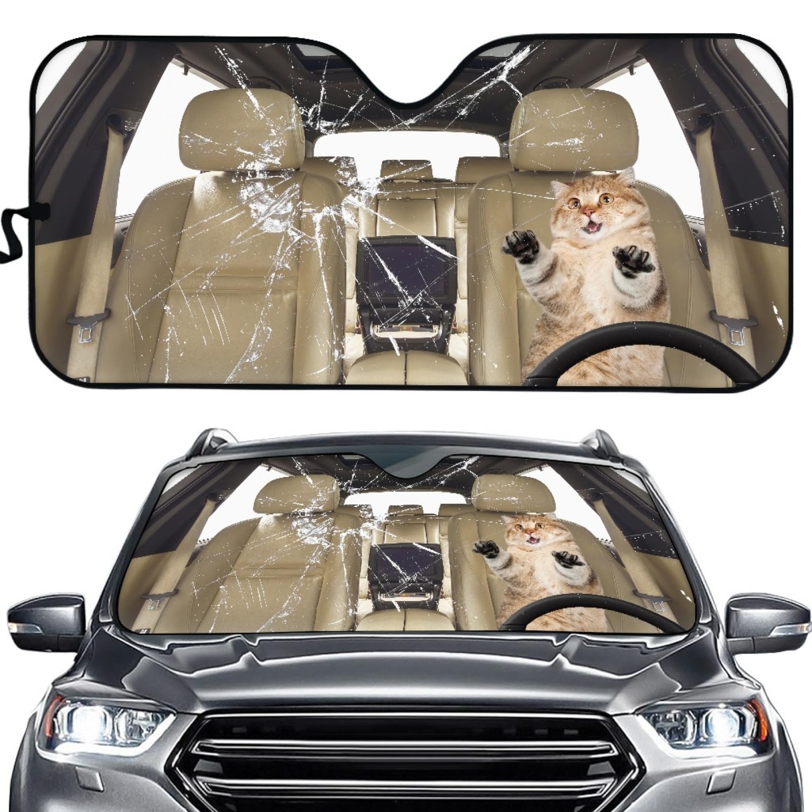 Hixingo Auto Frontscheibe, Sonnenschutz für Windschutzscheibe, UV-Schutz Frontscheibenabdeckung, lustig Katze Drucken Faltbares Design Auto Sonnenschutz, für meisten Autos (Weiß) von Hixingo