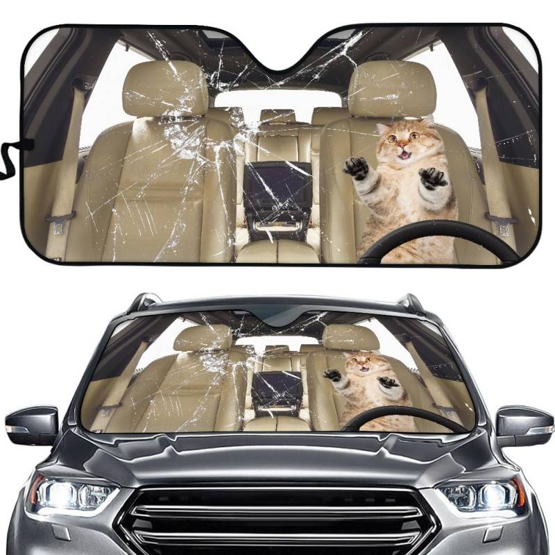 Hixingo Auto Frontscheibe, Sonnenschutz für Windschutzscheibe, UV-Schutz Frontscheibenabdeckung, lustig Katze Drucken Faltbares Design Auto Sonnenschutz, für meisten Autos (Weiß) von Hixingo