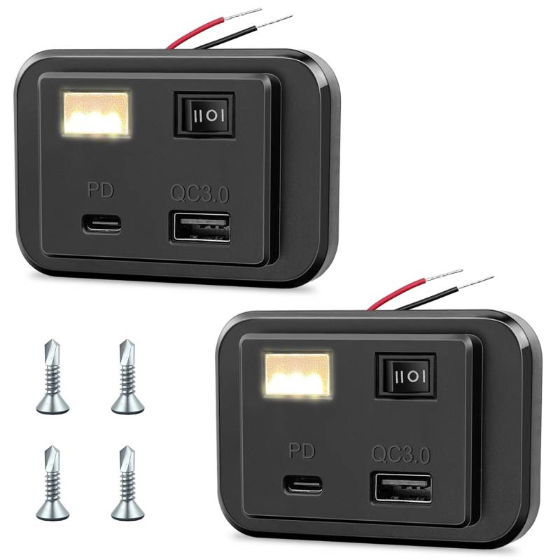 Hoembpn 2 Stück 40W PD 3.0 und QC 3.0 USB Steckdose Autoladegerät mit 3500K Nachtlicht und 3 Position Ein/Aus/Ein Schalter Dual USB-Port Schnellladebuchse für 12V/24V Wohnmobil, Auto, Motorrad, Boot von Hoembpn
