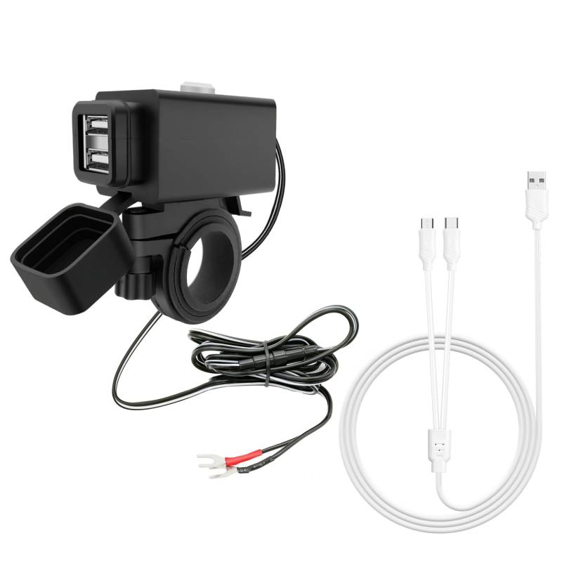 Hoembpn Motorrad USB Ladegerät Dual USB Port Motorrad Ladebuchse Adapter Wasserdicht mit Netzschalter + 3 in 1 Multi USB Ladekabel, für Smartphone, Tablet, Kamera von Hoembpn