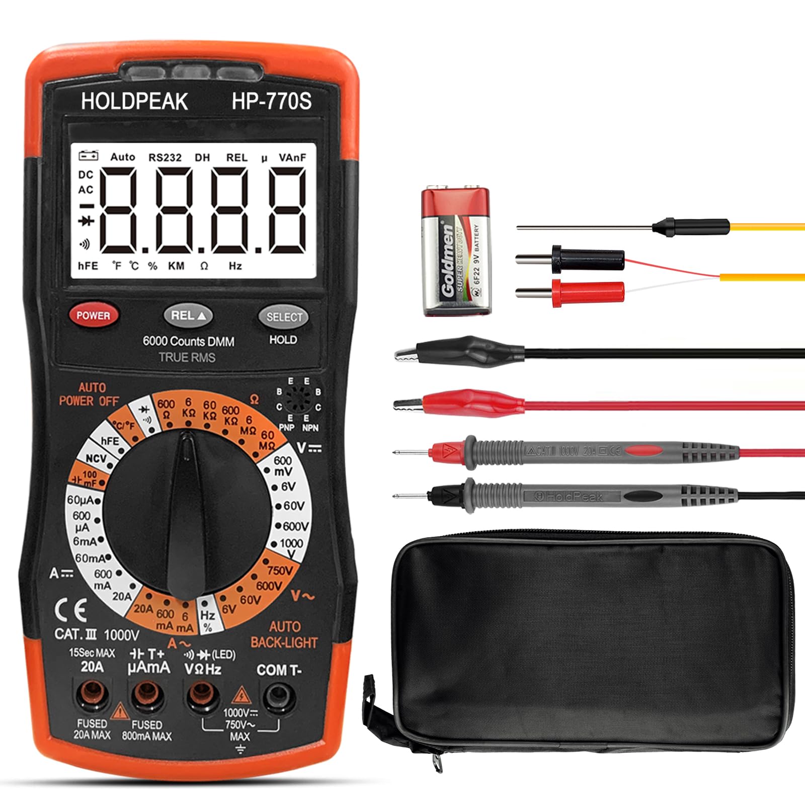 HoldPeak Digital Multimeter HP-770S 6000 Counts Manual Ranging,Accurately Measure for AC/DC Voltage Tester/NCV, Resistance, Frequency, Continuity, Diode, hFE von HoldPeak