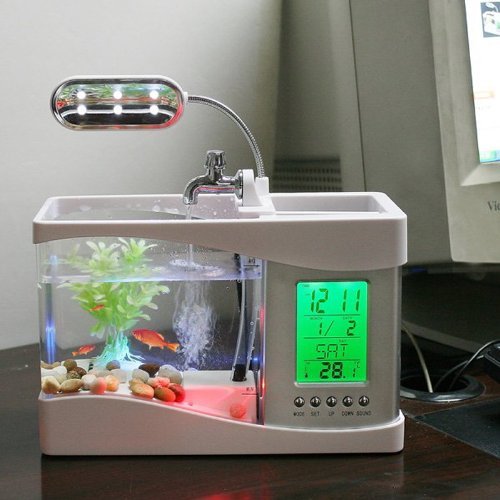 Aquarium, mit Lampe, LED/LCD-Anzeige mit Uhr, Kalender, Alarm, Temperatur, über USB angeschlossen. von Home Care Wholesale®