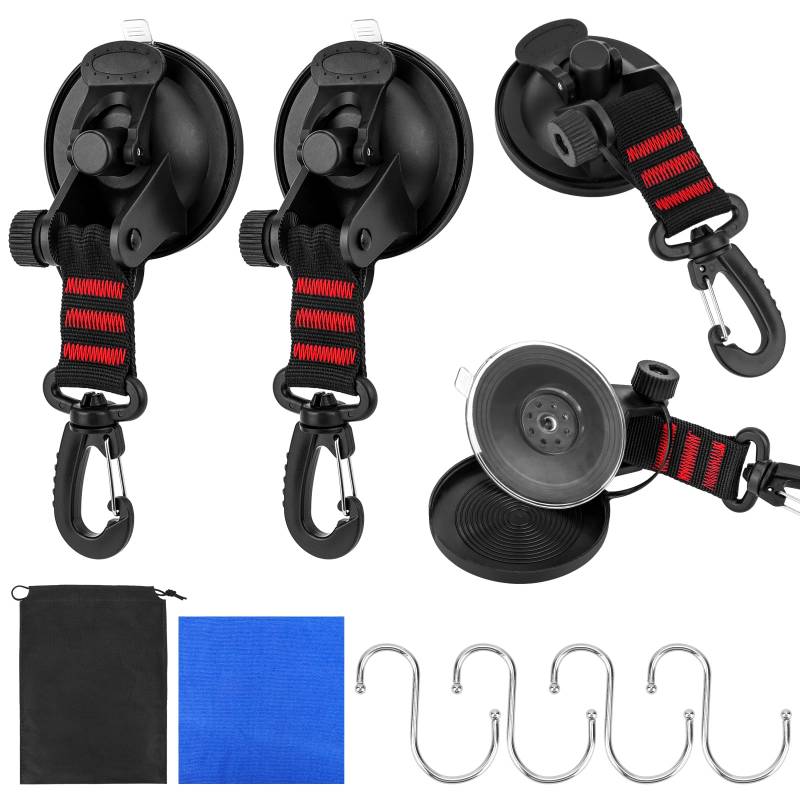 Homgaty 4 Stück Saugnapf Haken, 10kg Tragkraft Saughaken Extra Stark mit 360° Drehbarem D-Ring Gurthaken, Saugnapf Befestigung Haken mit 4 S-Haken für Wohnmobil Fenster Markisen Zelte Camping Zubehör von Homgaty