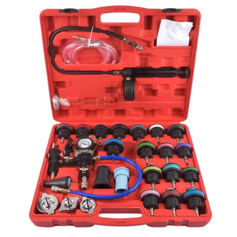 Hopzty 28tlg Kühlsystem Abdrückgerät Tester Kühlwasser Befüllgerät Kühler Entlüftungsgerät Kühlsystemtester Wassertank Lecksucher Kühlmittel Testkoffer zum Prüfen & Befüllen von Hopzty