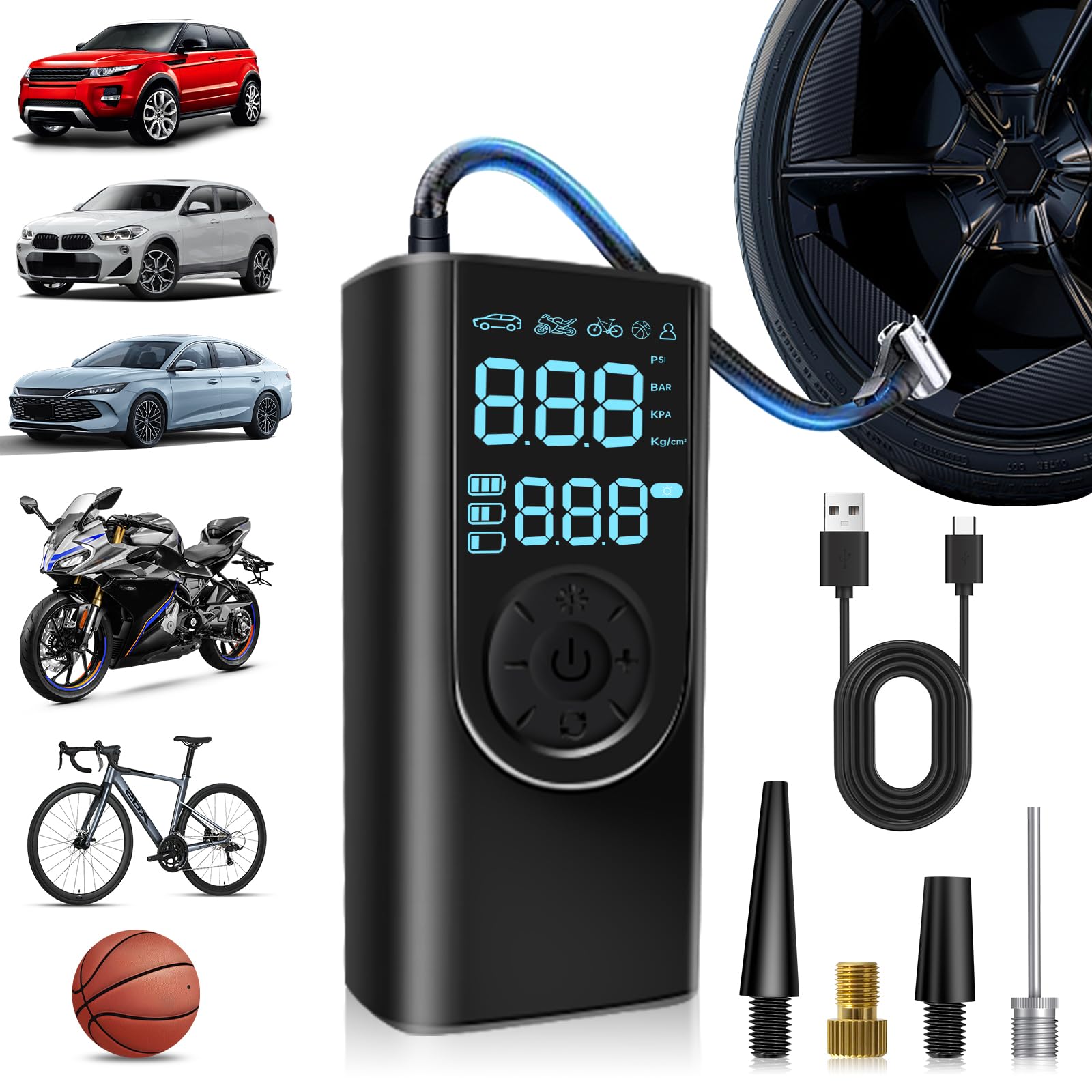 Elektrische Luftpumpe Akku Kompressor - 150 PSI Tragbare Fahrradpumpe Luftkompressor mit Digitale Anzeige und Notbeleuchtung, Akku Luftpumpe für Auto, Motorrad, Fahrrad, Roller, E-Bike, Bälle Elektrische Luftpumpe Akku Kompressor - 150 PSI Tragbare Fahrradpumpe Luftkompressor mit Digitale Anzeige und Notbeleuchtung, Akku Luftpumpe für Auto, Motorrad, Fahrrad, Roller, E-Bike, Bälle von Hossom