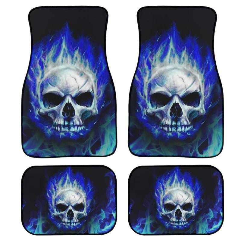 Howilath 4 Stück Auto Dekorative Matten Blau Feuer Totenkopf Schwarz Auto Universal Teppich Bodenmatte Reise Auto Innenausstattung Zubehör von Howilath