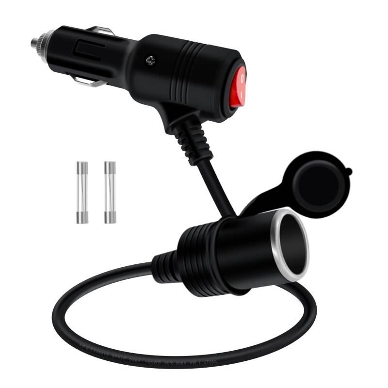 HuaLiSiJi Zigarettenanzünder Verlängerungskabel mit Schalter Zigarettenanzünder mit Schalter 12V 24V Zigarettenanzünder Kabel mit LED und 15A Fused Adapter für Auto Motorrad (0.5m) von HuaLiSiJi