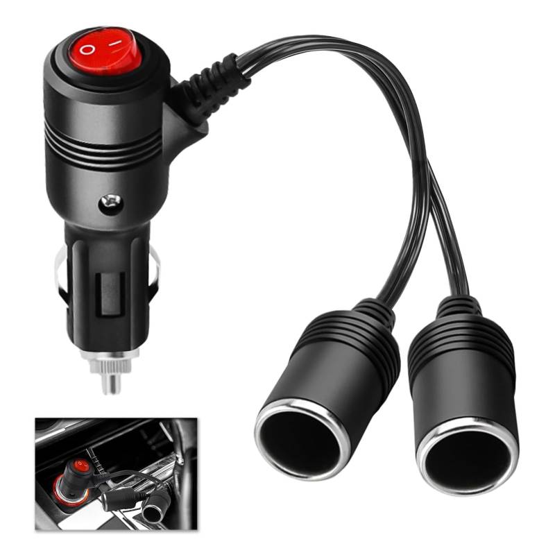 Auto Zigarettenanzünder Stecker, Auto Zigarettenanzünder Verteiler, Zigarettenanzünder Adapter, 12V-24V 10A mit Schalter und Sicherung 19AWG 10cm Verlängerungskabel für Auto LKW Motorrad Wohnmobil von Hukneqn