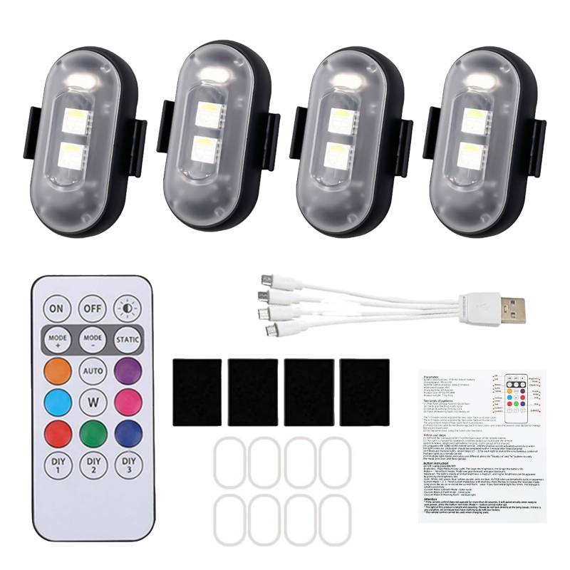Kabellose LED Auto Innen Beleuchtung, Hulaiyaa 4 Stücks Auto Fernbedienung Blitzlicht, Magnetischer Kabellose LED Lichter Innen, Drohnen Licht Antikollisions Hochhelle Blitzleuchte von Hulaiyaa
