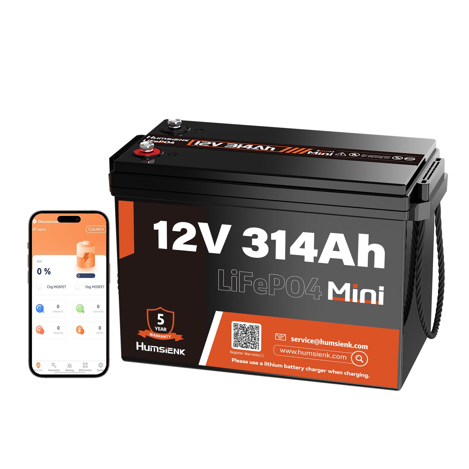 12 V 314 Ah Mini-LiFePO4-Akku mit Bluetooth, wiederaufladbarer Lithium-Akku für 15000 Zyklen, 100A BMS, Schnellladung, Untertemperaturschutz, ideal für Solaranlagen, RV (HS12V314miniBT-1Pack) von HumsiENK