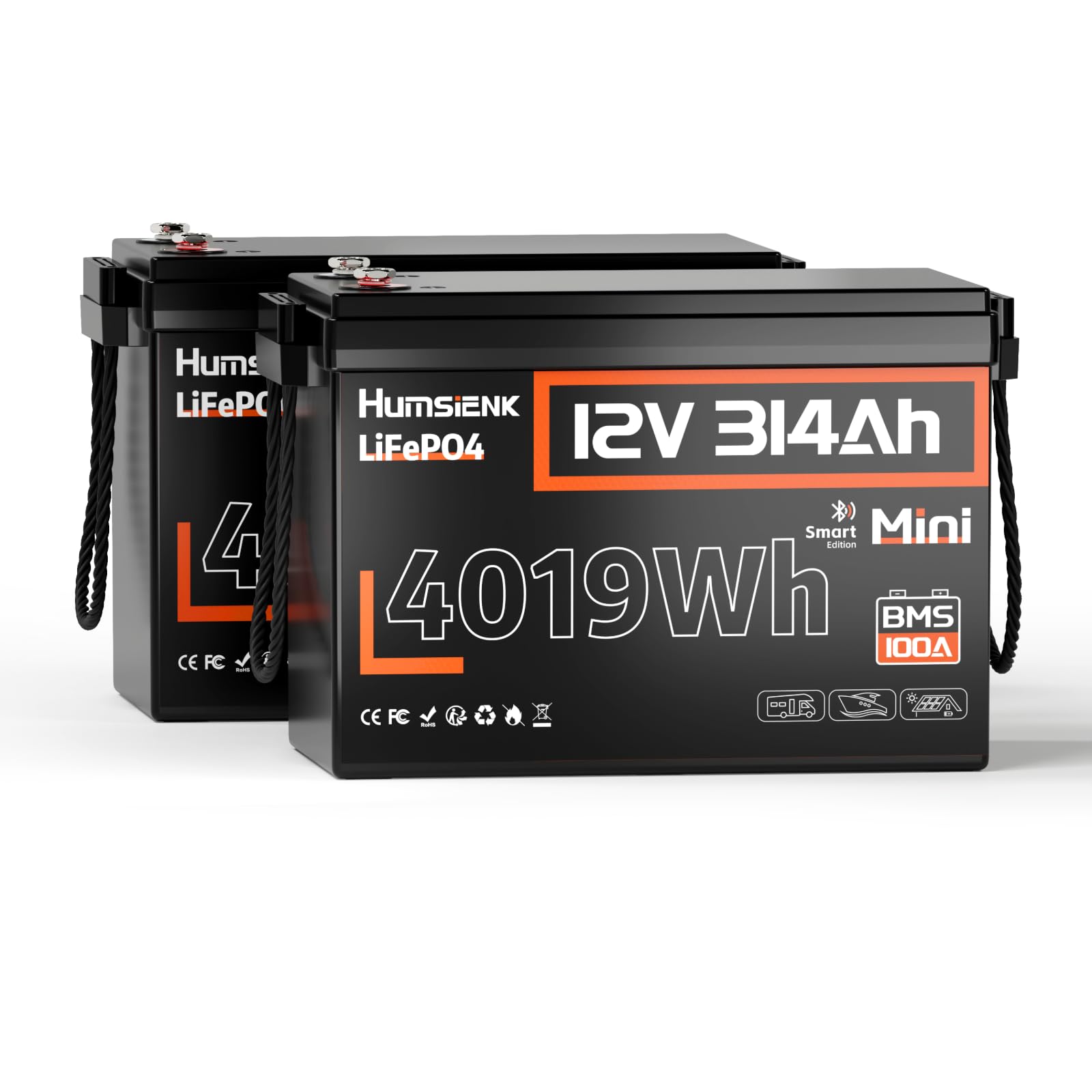 12 V 314 Ah Mini-LiFePO4-Akku mit Bluetooth, wiederaufladbarer Lithium-Akku für 15000 Zyklen, 100A BMS, Schnellladung, Untertemperaturschutz, ideal für Solaranlagen, RV (HS12V314miniBT-2Pack) von HumsiENK