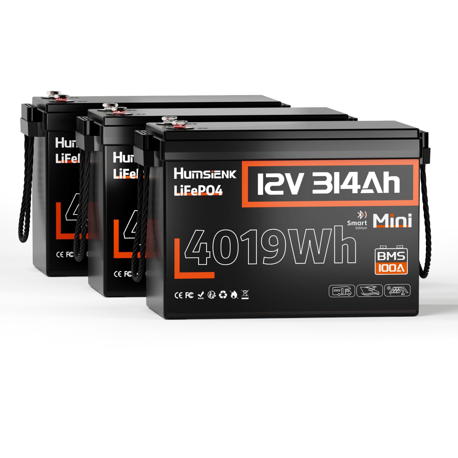12 V 314 Ah Mini-LiFePO4-Akku mit Bluetooth, wiederaufladbarer Lithium-Akku für 15000 Zyklen, 100A BMS, Schnellladung, Untertemperaturschutz, ideal für Solaranlagen, RV (HS12V314miniBT-3Pack) von HumsiENK