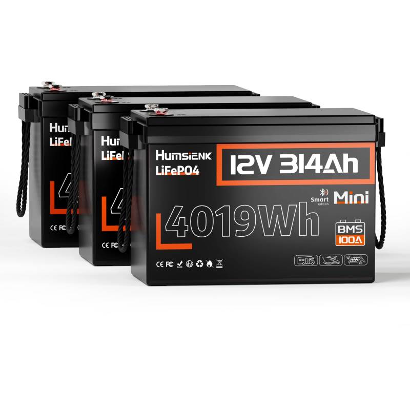 12 V 314 Ah Mini-LiFePO4-Akku mit Bluetooth, wiederaufladbarer Lithium-Akku für 15000 Zyklen, 100A BMS, Schnellladung, Untertemperaturschutz, ideal für Solaranlagen, RV (HS12V314miniBT-3Pack) von HumsiENK