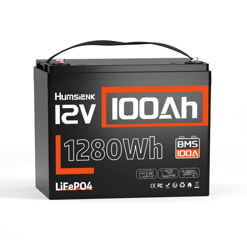 Humsienk 12 V 100 Ah LiFePO4-Batterie mit 100 A BMS-Niedertemperaturschutz und max. 15.000 Zyklen, 1280 Wh Lithium-Autobatterie für Wohnmobile, Wohnwagen, Wohnmobile von HumsiENK