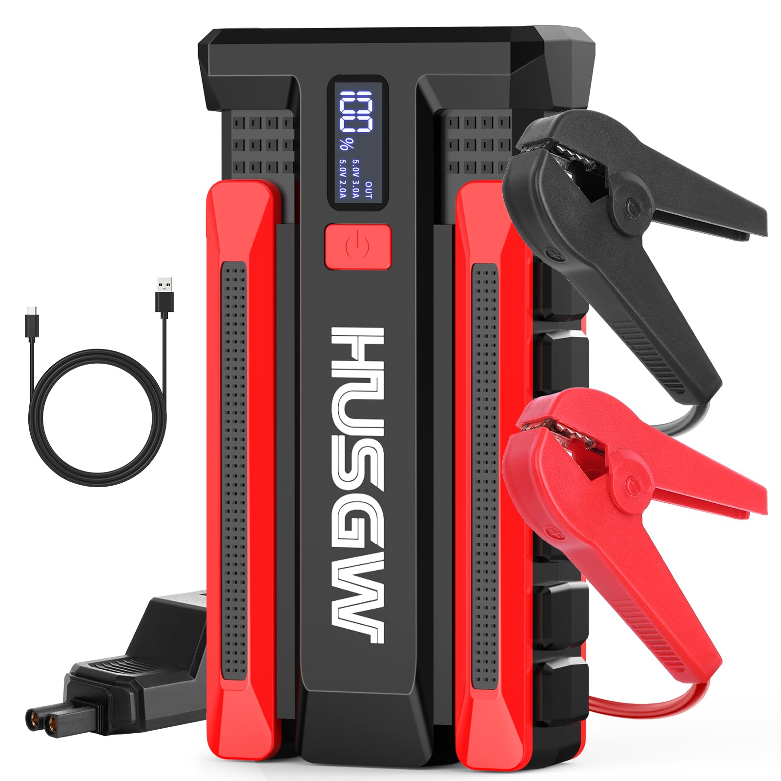 Husgw Starthilfe Powerbank 2000A Auto Starthilfegeräte (Bis zu 7L Benzin/5.5L Diesel), 12V Tragbare Auto Starthilfe mit LED Taschenlampe, Starthilfekabel, Kfz Batterie Booster Für Motorrad und SUV von Husgw