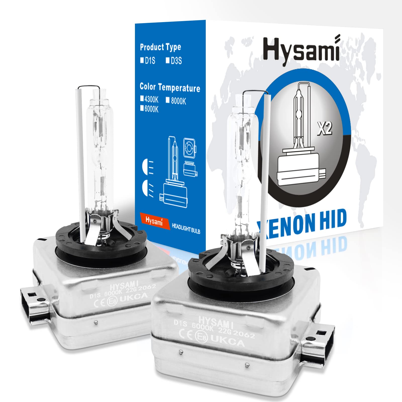 Hysami D1S Xenon-HID-Scheinwerferlampen, 6000K, Blau, Weiß, 35 W, Kfz-Beleuchtung, 85415 Fern-/Abblendlicht, UV-freie Xenon-Ersatzlampen, 2 Packungen von Hysami
