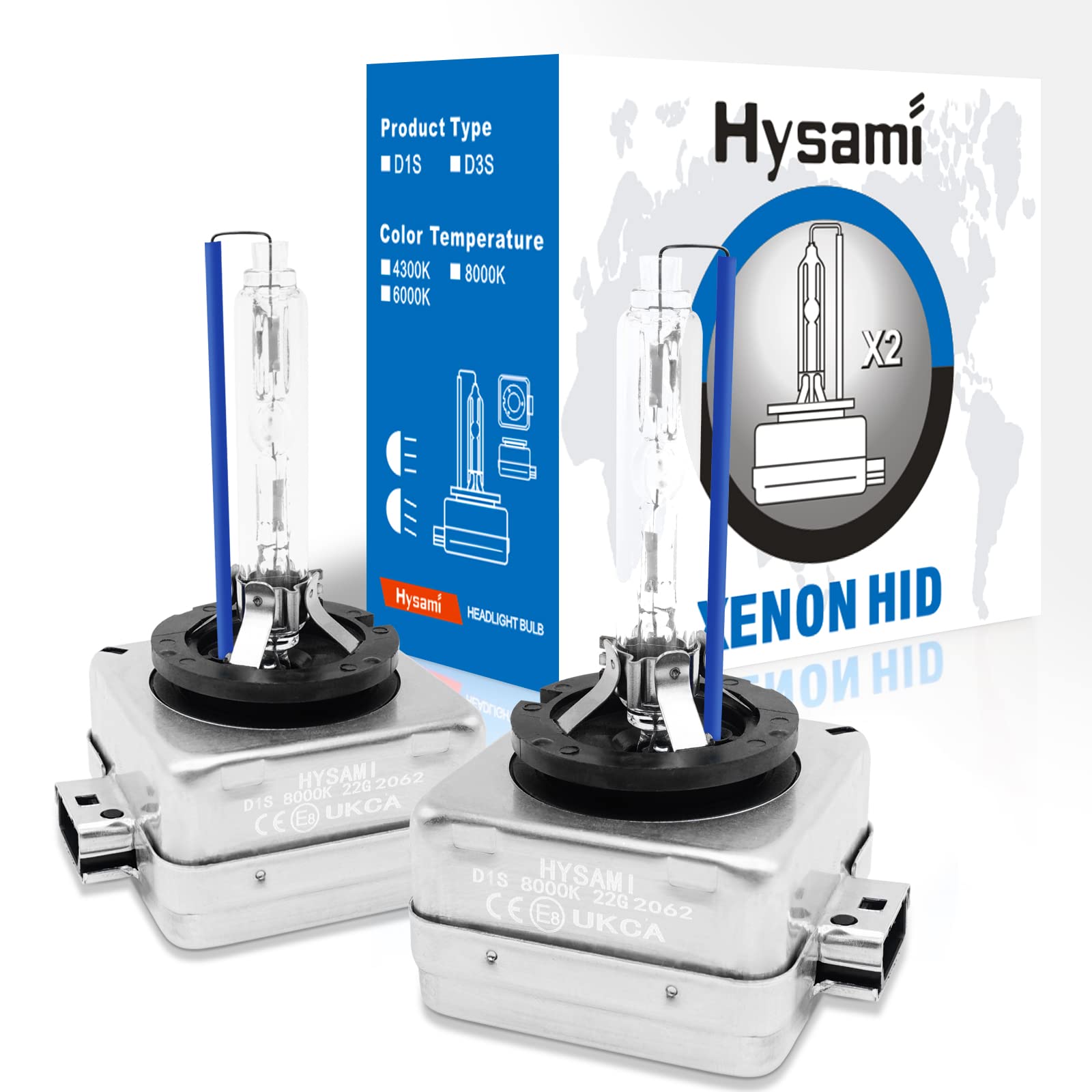 Hysami D1S Xenon-HID-Scheinwerferlampen, 8000K, Blau, Weiß, 35 W, Kfz-Beleuchtung, 85415 Fern-/Abblendlicht, UV-freie Xenon-Ersatzlampen, 2 Packungen von Hysami