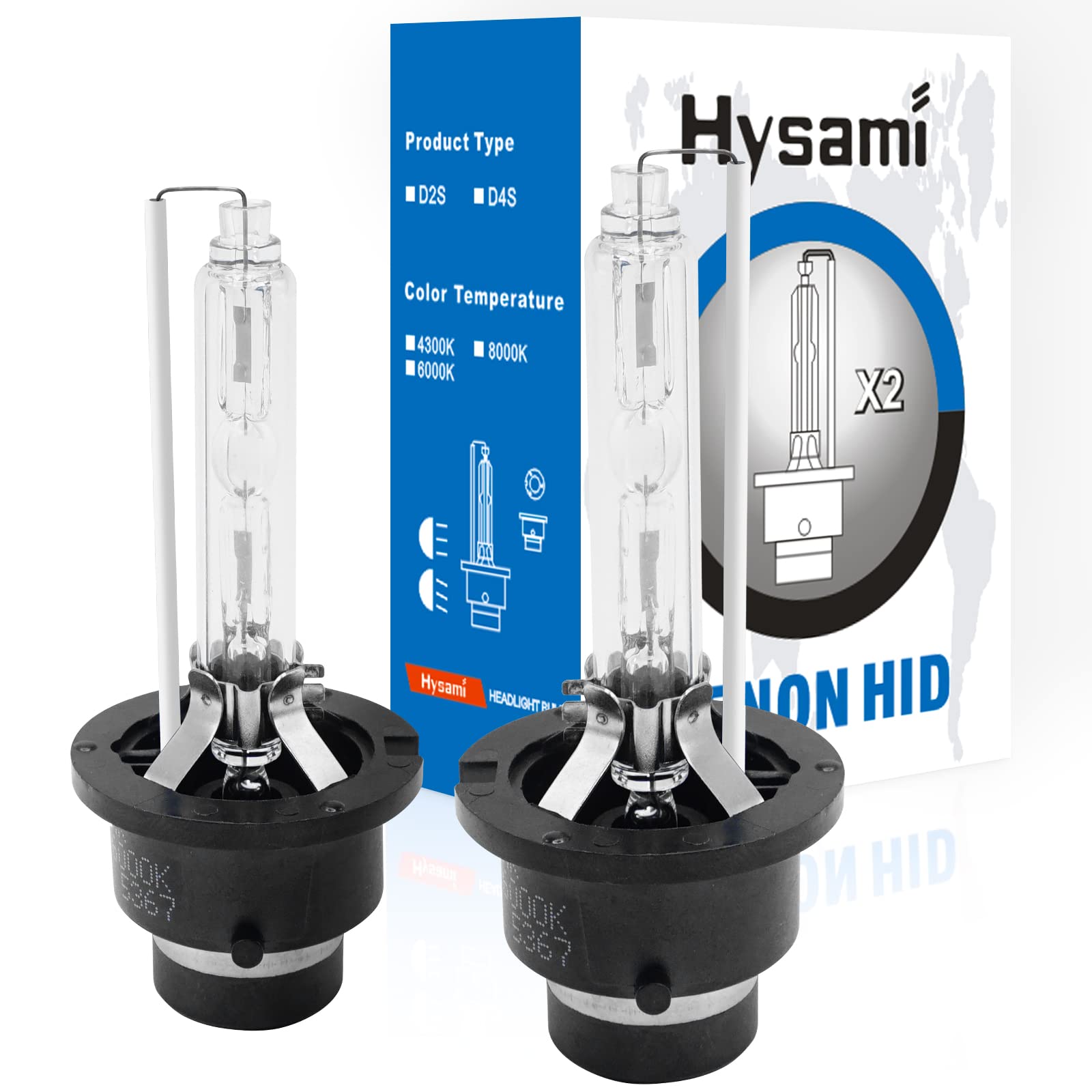 Hysami D2S Xenon-HID-Scheinwerferlampen, 6000K, Blau, Weiß, 35 W, Kfz-Beleuchtung, 85122 Fern-/Abblendlicht, UV-freie Xenon-Ersatzlampen, 2 Packungen von Hysami