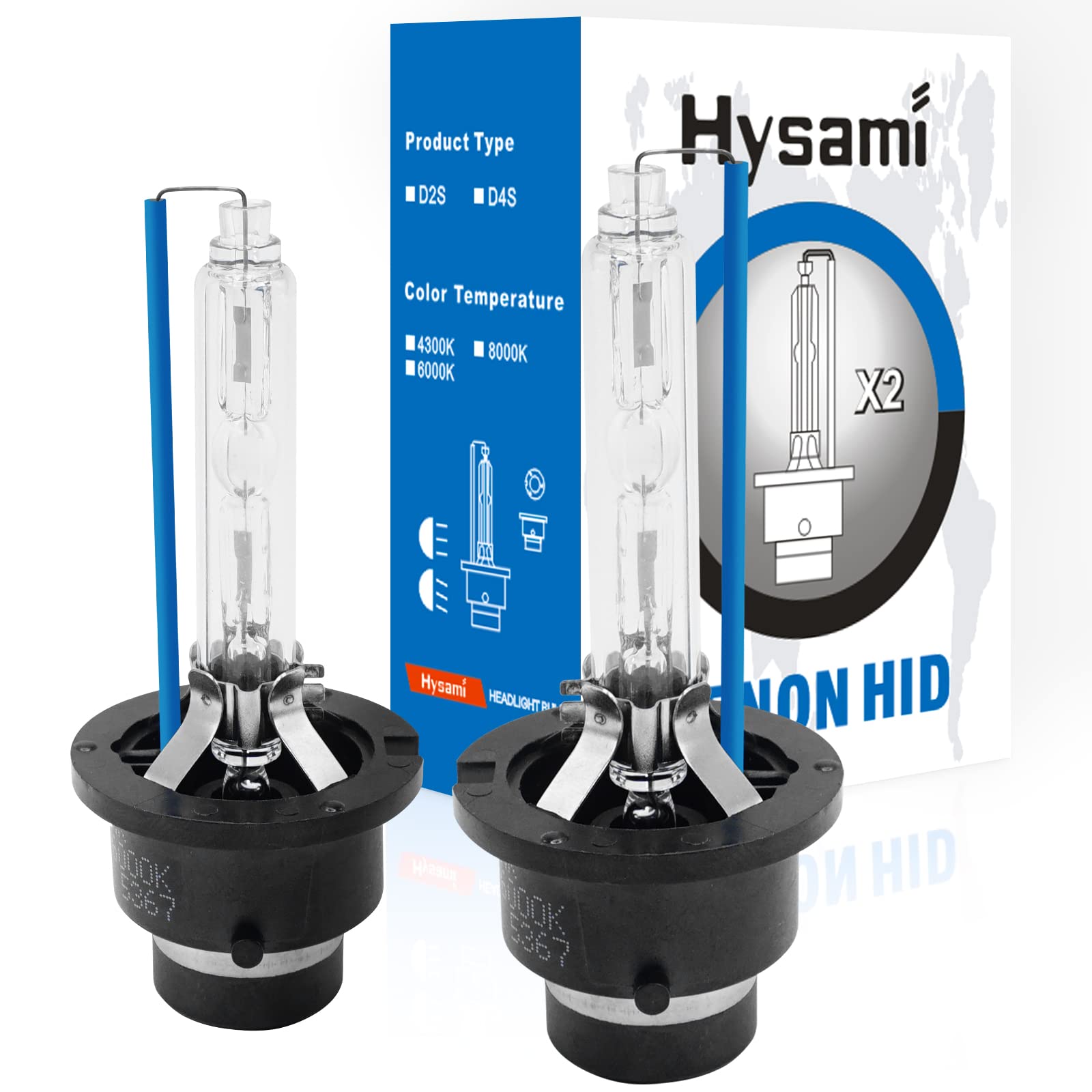 Hysami D2S Xenon-HID-Scheinwerferlampen, 8000K, Blau, Weiß, 35 W, Kfz-Beleuchtung, 85122 Fern-/Abblendlicht, UV-freie Xenon-Ersatzlampen, 2 Packungen von Hysami