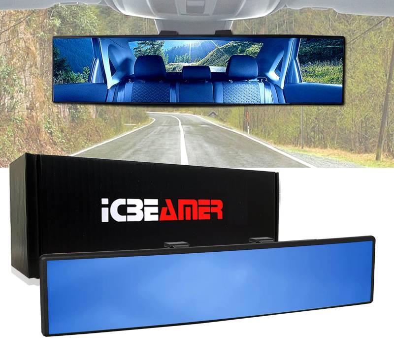 ICBEAMER Panorama-Rückspiegel, 240 mm, einfacher Clip, universelle Passform, Weitwinkel, Panorama-Auto-Innenspiegel, flache blaue Oberfläche, 23,9 cm, 240 mm von ICBEAMER