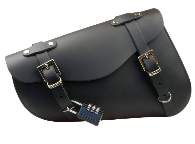 IGUANA CUSTOM CLOTHES - Motorradtasche aus Leder für Harley Davidson Sportster mit Clip-Verschluss und Vorhängeschloss, handgefertigt in Spanien, echtes Leder von IGUANA CUSTOM CLOTHES
