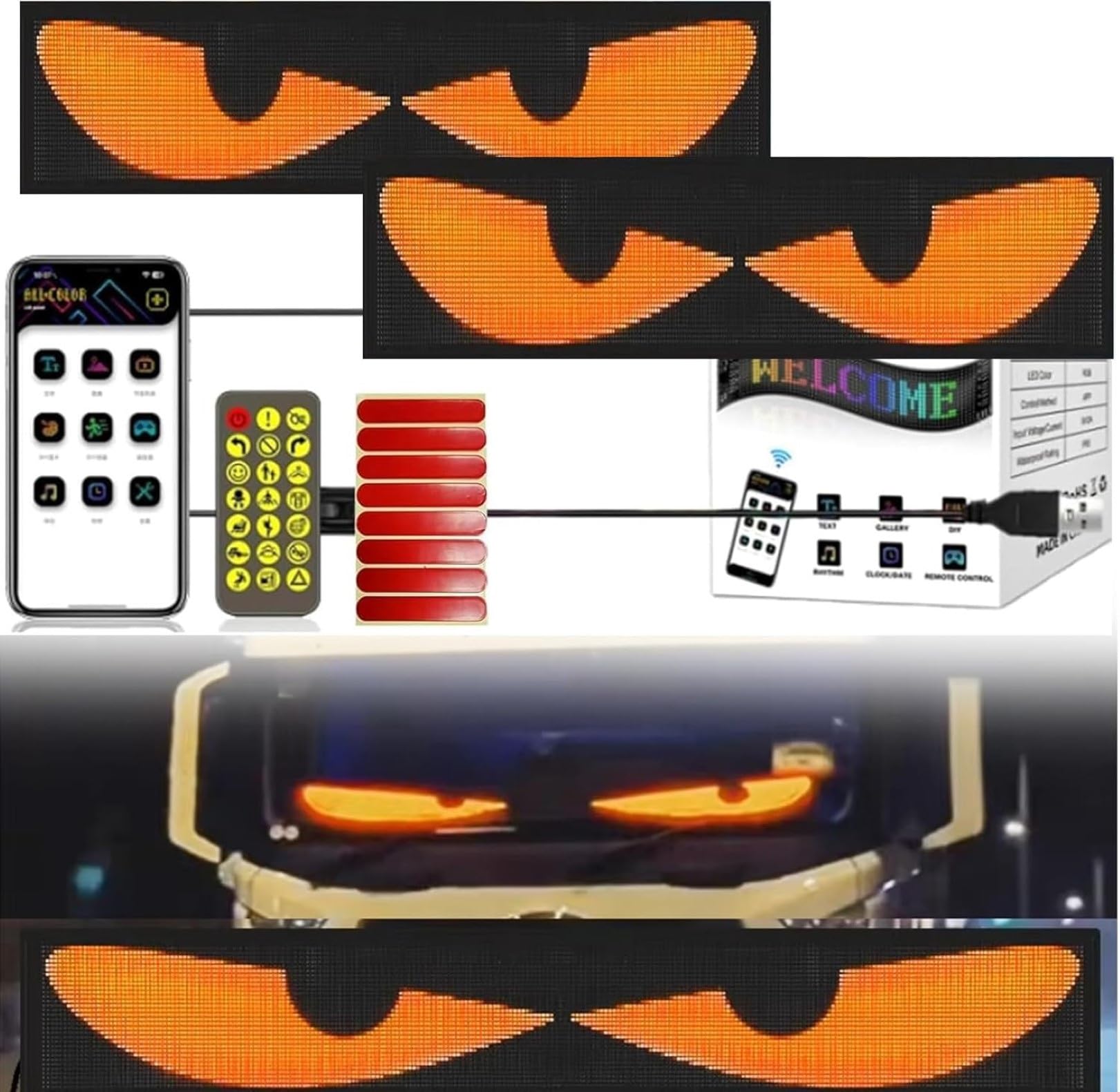 2 Stück Devil's Eyes LED-Matrix-Pixel-Panel for Die Windschutzscheibe des Autos, USB-Plug-in-App, DIY-Steuerung, Flexible Anzeige Von Lauftextanimationen(59.5 * 12cm) von IINCOOY