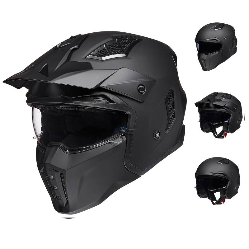 ILM Helm Motorrad Motocross Herren Damen Vintage Retro mit Visier ECE Model Z302,Schwarz Matt, XL von ILM