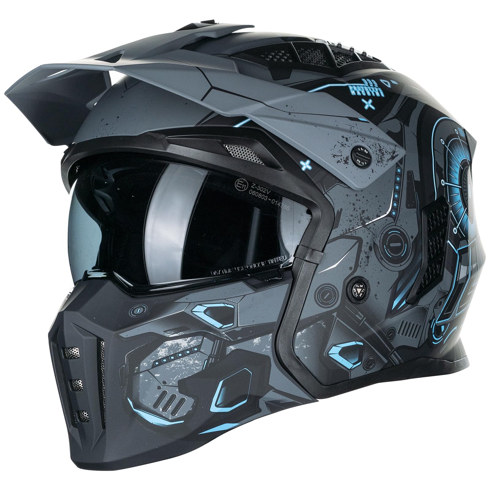 ILM Helm Motorrad Motocross Herren Damen Vintage Retro mit Visier ECE Model Z302,SciFiBlau,S von ILM