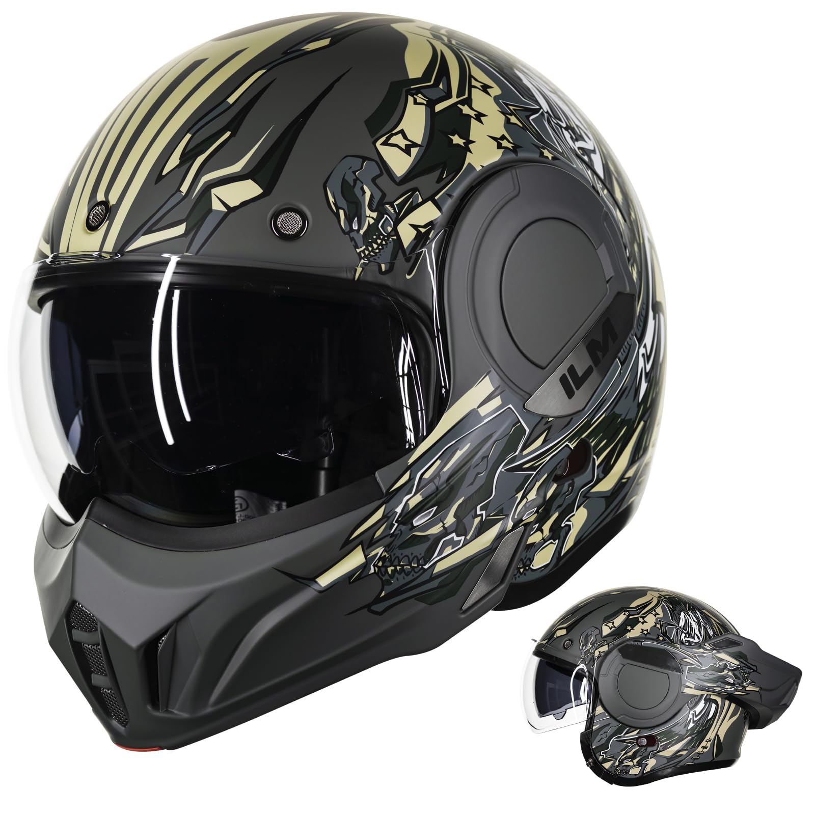 ILM Motorradhelm Integralhelm Klapphelm Fullface Helm Herren Damen ATV UTV mit 180° Umkehrbarer Kinnschutz ECE Model-B707,Armee Grün, M von ILM