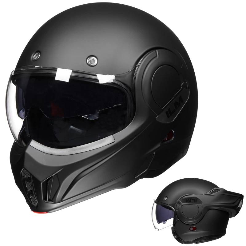 ILM Motorradhelm Integralhelm Klapphelm Fullface Helm Herren Damen ATV UTV mit 180° Umkehrbarer Kinnschutz ECE Model-B707,Schwarz Matt, M von ILM