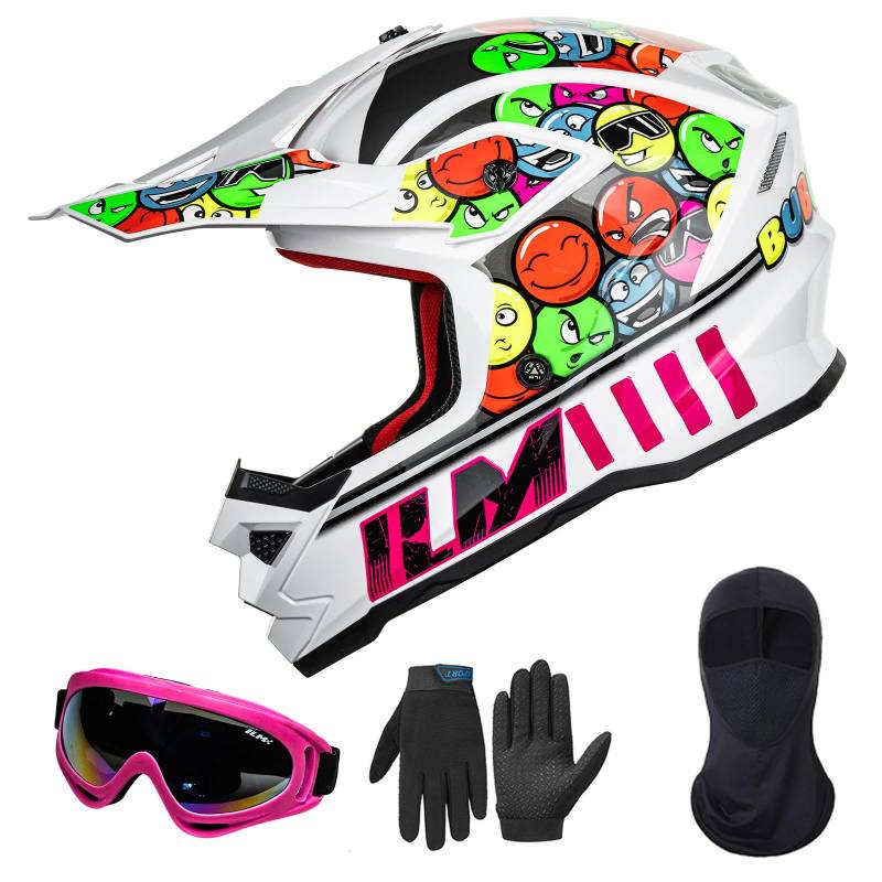 ILM Motorradhelm Kinder Motocross Kinderfahrradreithelm mit Brillen Maske Handschuhe Junge Und Mädchen ECE Model Z705,Bubblegum,M von ILM