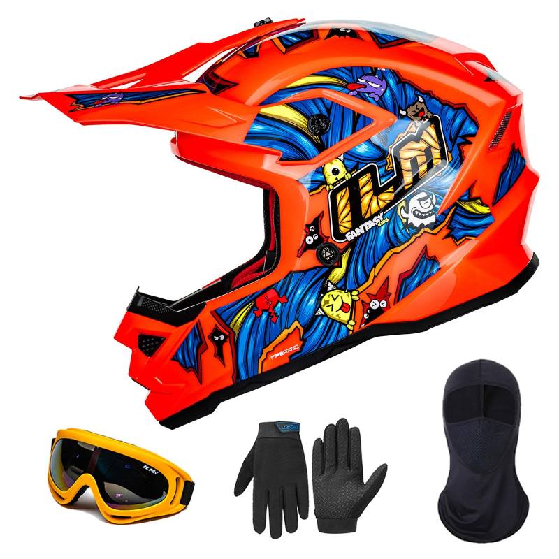 ILM Motorradhelm Kinder Motocross Kinderfahrradreithelm mit Brillen Maske Handschuhe Junge Und Mädchen ECE Model Z705,Fantasy Orange,M von ILM