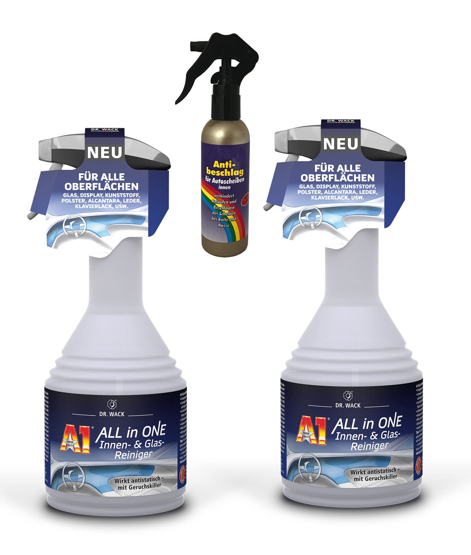 2X 500ml Dr. Wack A1 All in ONE Innen- & Glas-Reiniger + 1x 100ml Antibeschlag-Spray, Reiniger für den kompletten Fahrzeug-Innenraum inklusive Scheiben (Innen und Außen) und für alle Oberflächen von ILODA