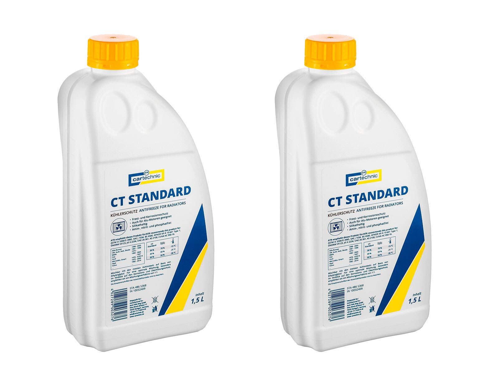 2x Cartechnic 1,5 Liter Kühlerfrostschutz Anti-Freeze Gelb Yellow CT Standard Kühlflüssigkeit von ILODA