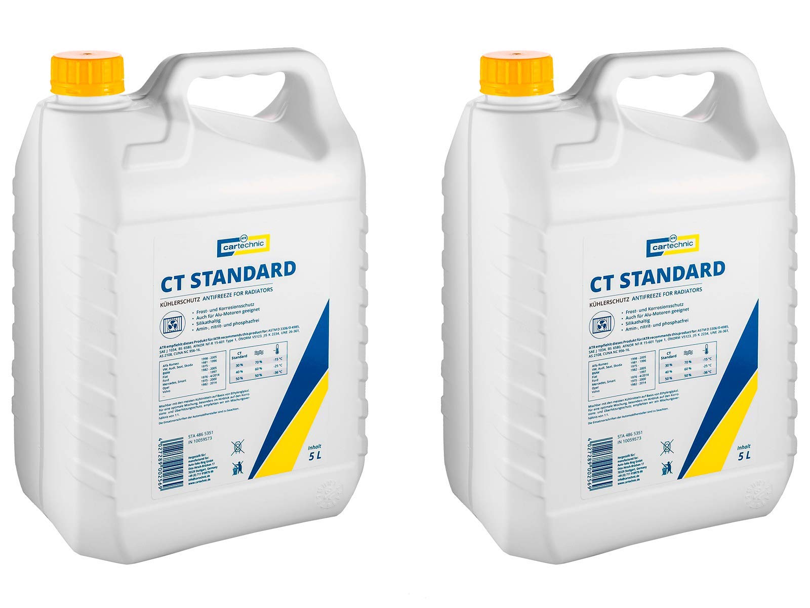 2x Cartechnic 5 Liter Kühlerfrostschutz Anti-Freeze Gelb Yellow CT Standard Kühlflüssigkeit Frostschutz von ILODA