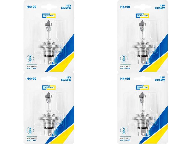 4x cartechnic H4 +90% 12V 60/55W P43t-38 Halogen Glühbirnen Lampen Scheinwerferlampen Blisterverpackung von ILODA