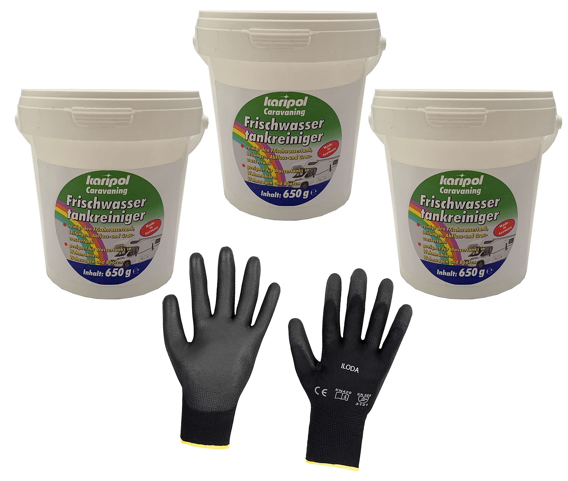 ILODA 3x 650g karipol Frischwassertankreiniger Granulat + 1 Paar ILODA Schutzhandschuhe, Caravan Wassertankreiniger für Wohnmobile, Wohnwagen, Boote usw., Frischwasser, Desinfetkion ILODA 3x 650g karipol Frischwassertankreiniger Granulat + 1 Paar ILODA Schutzhandschuhe, Caravan Wassertankreiniger für Wohnmobile, Wohnwagen, Boote usw., Frischwasser, Desinfetkion von ILODA