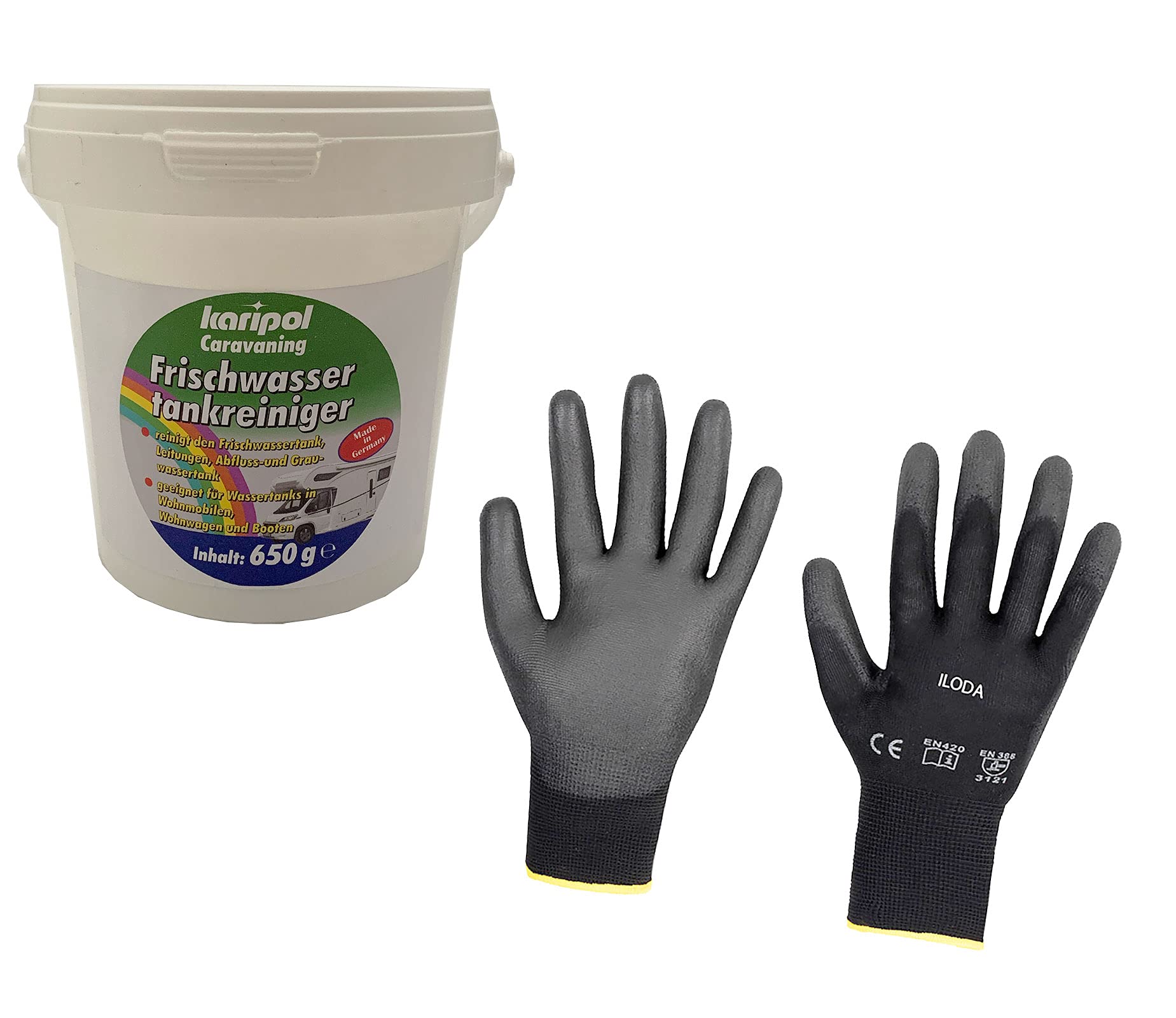 ILODA 650g karipol Frischwassertankreiniger Granulat + 1 Paar ILODA Schutzhandschuhe, Caravan Wassertankreiniger für Wohnmobile, Wohnwagen, Boote usw, Frischwasser, Desinfetkion von ILODA