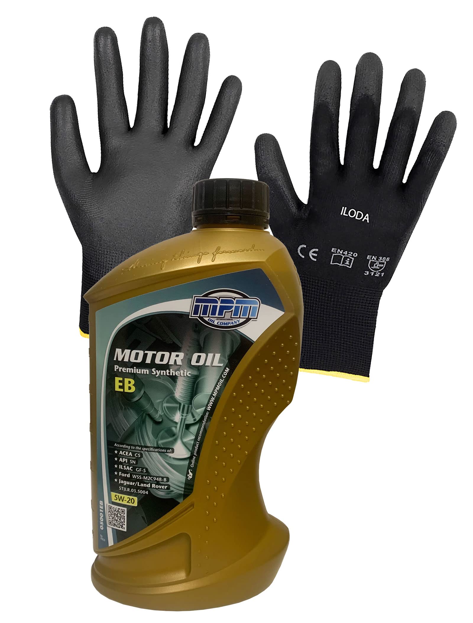 ILODA Schutzhandschuhe + 1x MPM 1Liter 5W-20 Premium Synthetic EB Motoröl, ACEA C5, API SN, Freigabe für Ford WSS-M2C948-B von ILODA