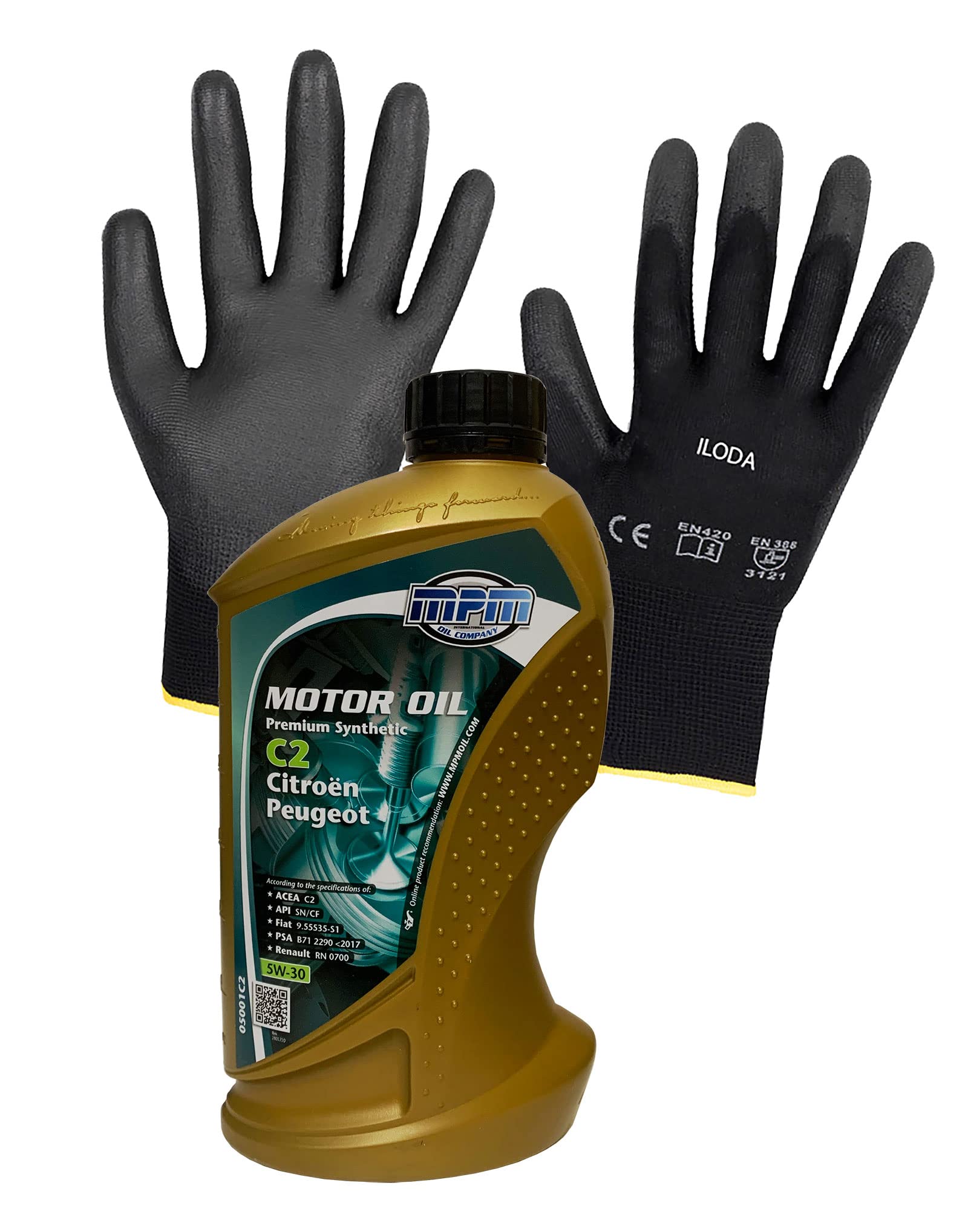 ILODA Schutzhandschuhe + 1x MPM 1Liter 5W-30 Premium Synthetic C2 Citroen Peugeot Motoröl, ACEA C2, API SN, API CF ILODA Schutzhandschuhe + 1x MPM 1Liter 5W-30 Premium Synthetic C2 Citroen Peugeot Motoröl, ACEA C2, API SN, API CF von ILODA
