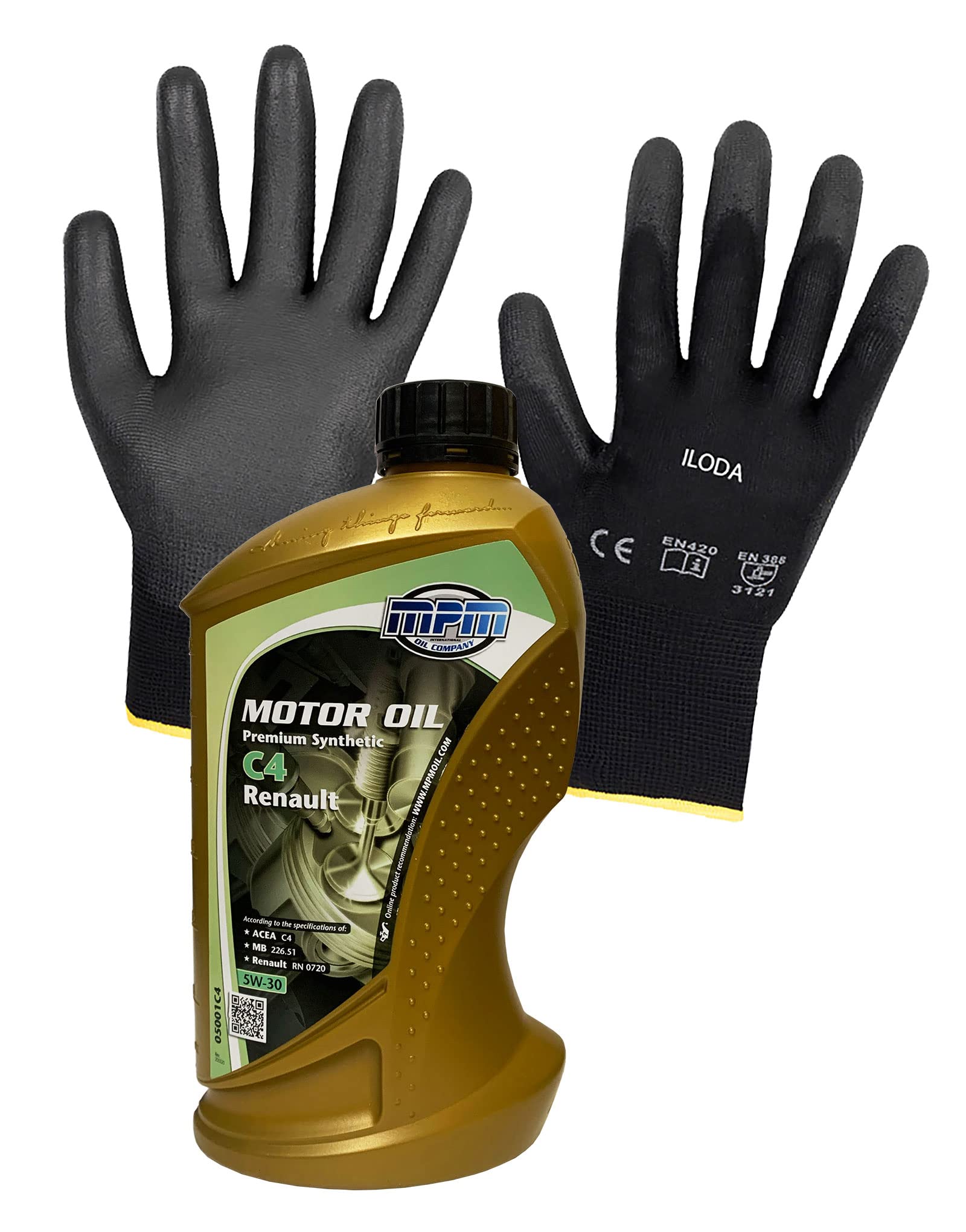 ILODA Schutzhandschuhe + 1x MPM 1Liter 5W-30 Premium Synthetic C4 Renault Motoröl, ACEA C4, MB 226.51, Renault RN 0720 ILODA Schutzhandschuhe + 1x MPM 1Liter 5W-30 Premium Synthetic C4 Renault Motoröl, ACEA C4, MB 226.51, Renault RN 0720 von ILODA