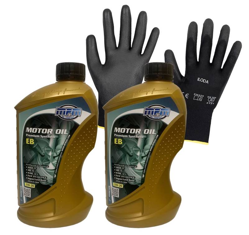 ILODA Schutzhandschuhe + 2x MPM 1Liter 5W-20 Premium Synthetic EB Motoröl, ACEA C5, API SN, Freigabe für Ford WSS-M2C948-B von ILODA