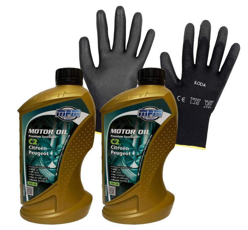 ILODA Schutzhandschuhe + 2x MPM 1Liter 5W-30 Premium Synthetic C2 Citroen Peugeot Motoröl, ACEA C2, API SN, API CF von ILODA
