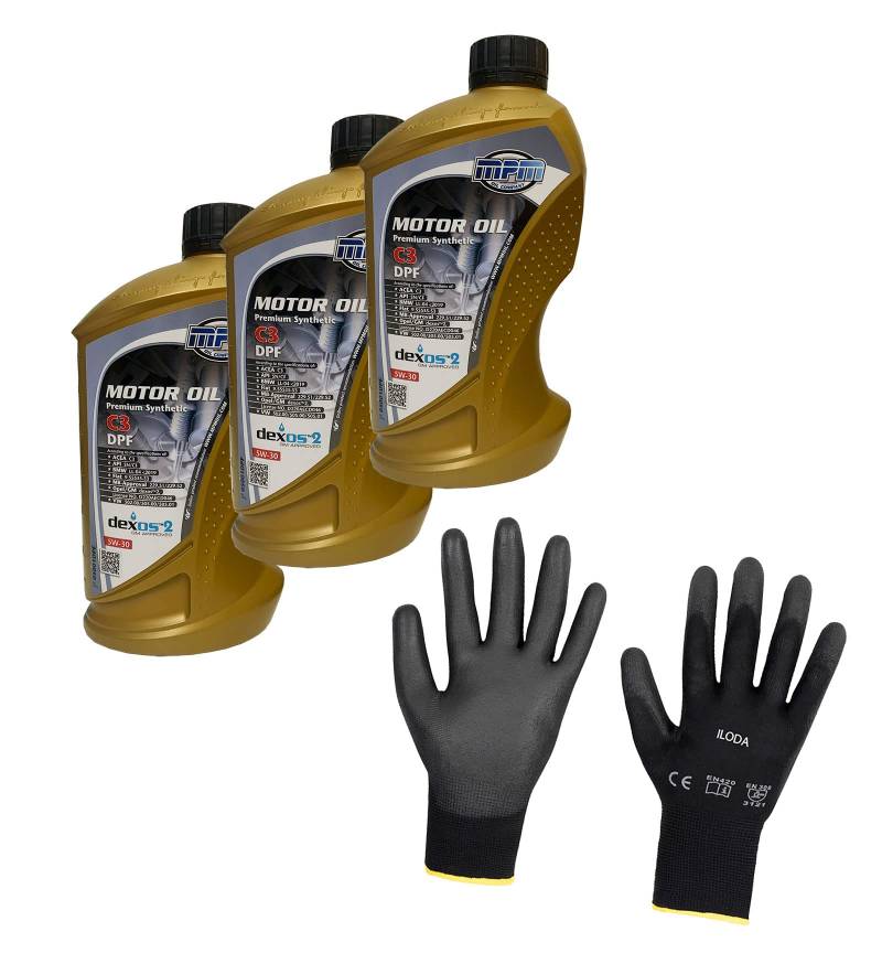 ILODA Schutzhandschuhe + 3x 1Liter MPM 5W-30 Premium Synthetic C3 DPF Motoröl, Motorenöl Spezifikationen ACEA C3, API CF/SN von ILODA