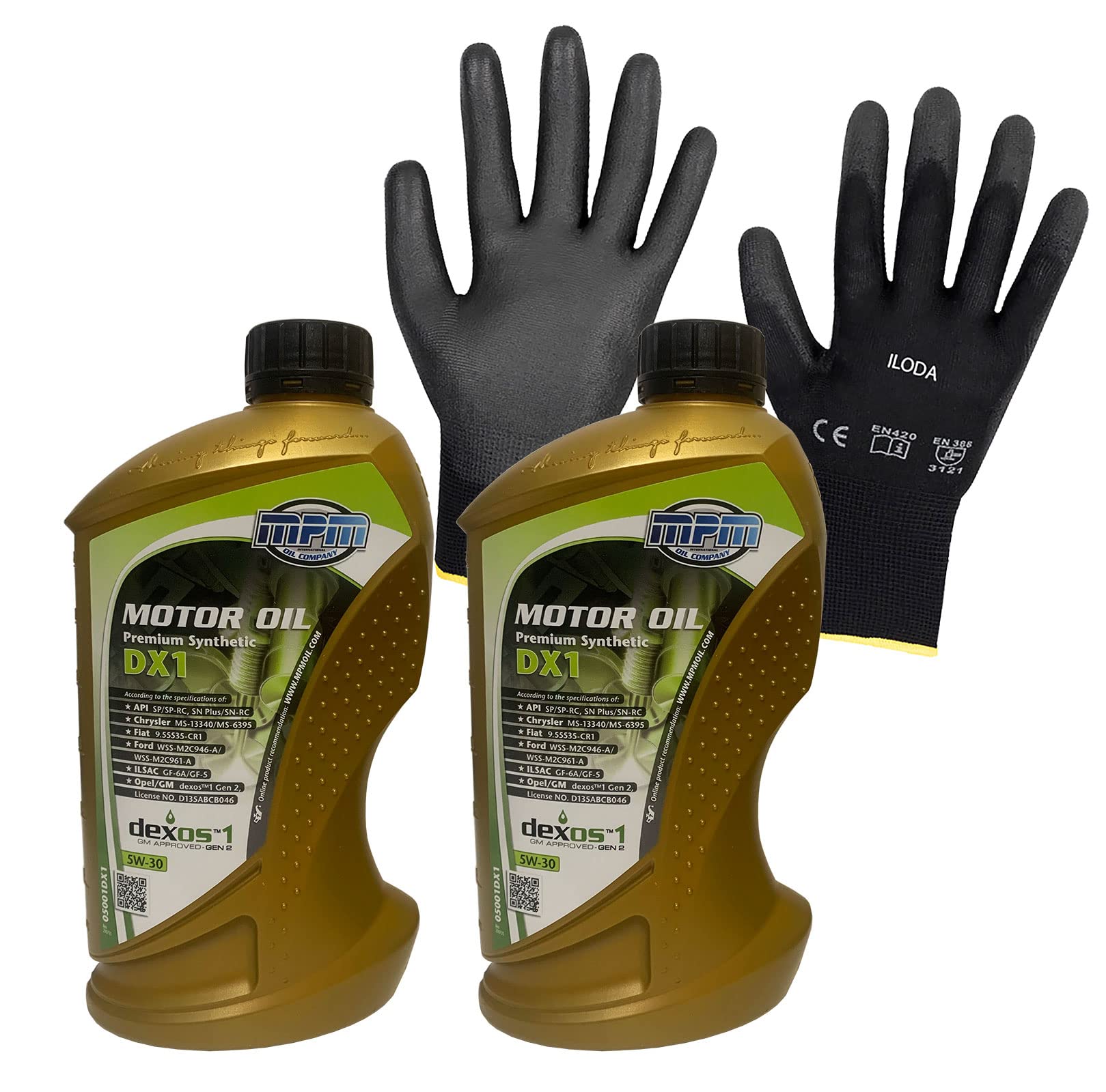 ILODA Schutzhandschuhe +2x MPM 1Liter 5W-30 Premium Synthetic DX1 Motoröl insbesondere für OPEL/GM, API SN Plus, API SN-RC, API SP, API SP-RC, ILSAC GF-5, ILSAC GF-6A, OPEL/GM dexos 1 Gen2 von ILODA