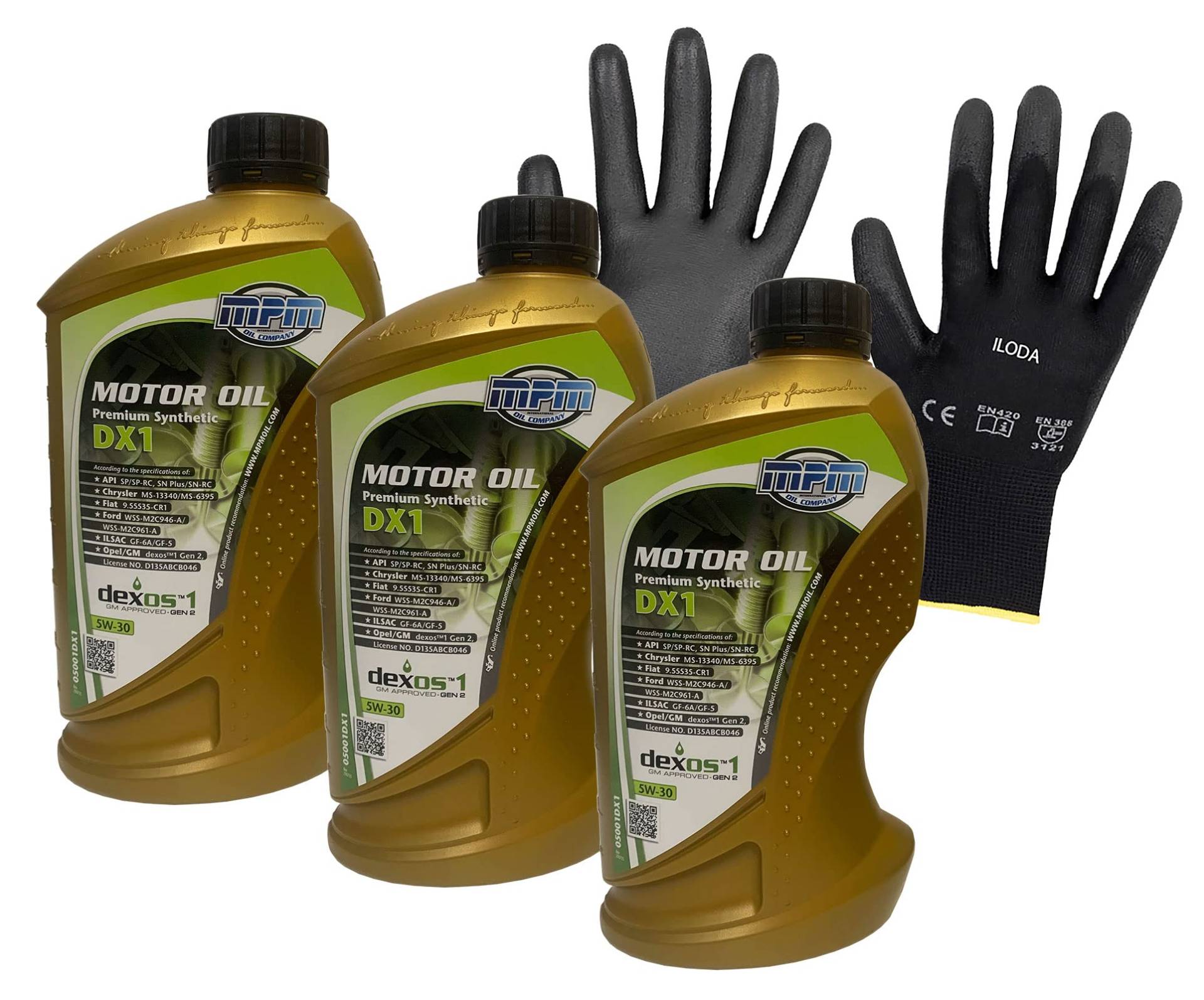 ILODA Schutzhandschuhe +3x MPM 1Liter 5W-30 Premium Synthetic DX1 Motoröl insbesondere für OPEL/GM, API SN Plus, API SN-RC, API SP, API SP-RC, ILSAC GF-5, ILSAC GF-6A, für OPEL/GM dexos 1 Gen2 ILODA Schutzhandschuhe +3x MPM 1Liter 5W-30 Premium Synthetic DX1 Motoröl insbesondere für OPEL/GM, API SN Plus, API SN-RC, API SP, API SP-RC, ILSAC GF-5, ILSAC GF-6A, für OPEL/GM dexos 1 Gen2 von ILODA