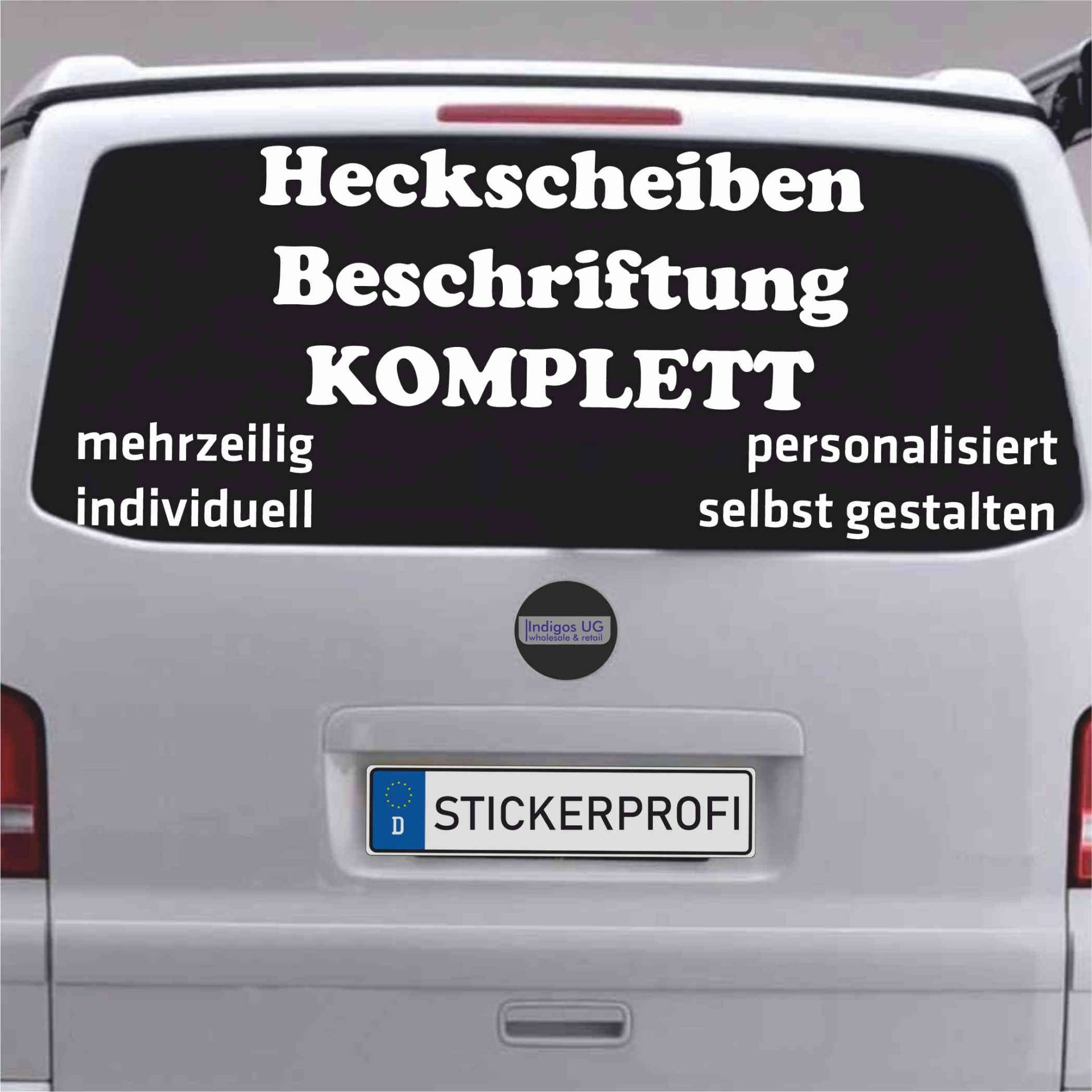 INDIGOS UG® Heckscheibenaufkleber komplett - Aufkleber für die Heckscheibe - Heckscheibenbeschriftung mit bis zu 3 Blöcken - für Auto, LKW, SUV, Privat und Gewerbe geeignet - Wunschtext von INDIGOS UG