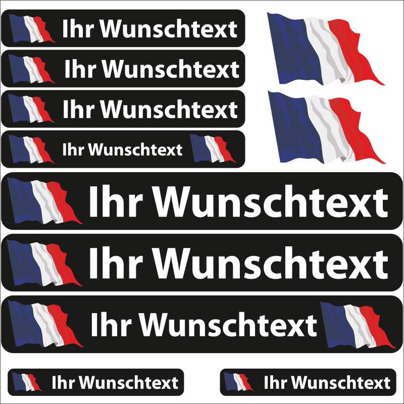 INDIGOS UG® Namensaufkleber Sticker - Flagge wehend - Land Frankreich - 13 Fahnenaufkleber - Aufkleber mit Namen & Wunschtext - Fahrrad - Auto - Motorrad - individuell personalisiert von INDIGOS UG