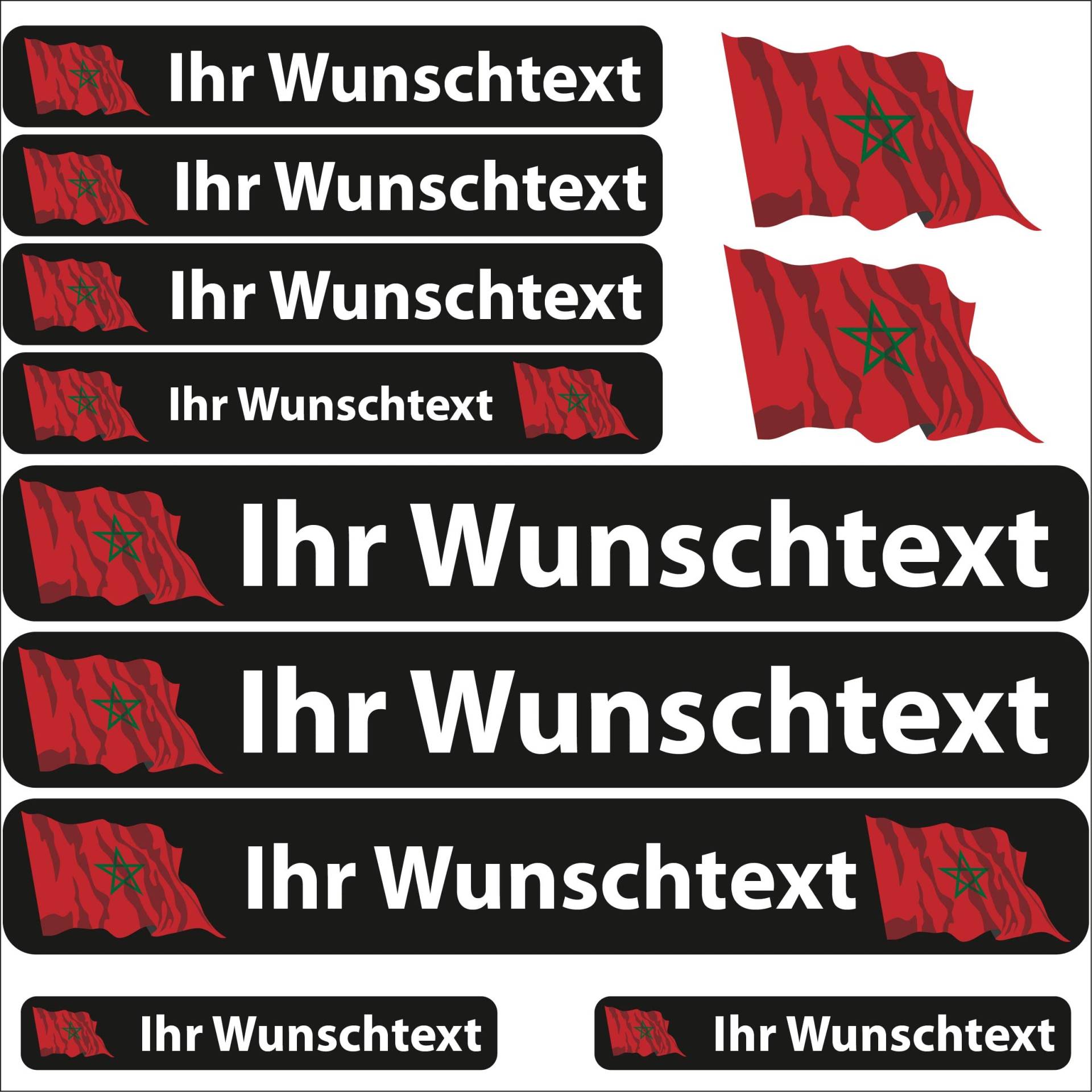 INDIGOS UG Fahrrad Aufkleber Marokko - 13 Fahnenaufkleber wehend - Sticker selbst gestalten - Fahrrad - Auto - Motorrad - Namensaufkleber wasserfest personalisiert - Wunschtext - Flaggen der Welt von INDIGOS UG
